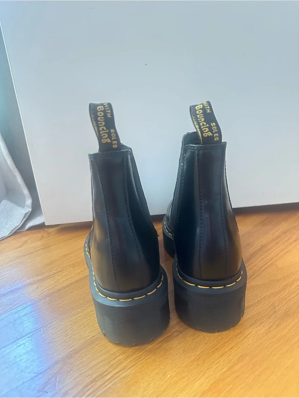 Dr. Martens Black Leather Platform Chelsea Boots with Yellow Stitching